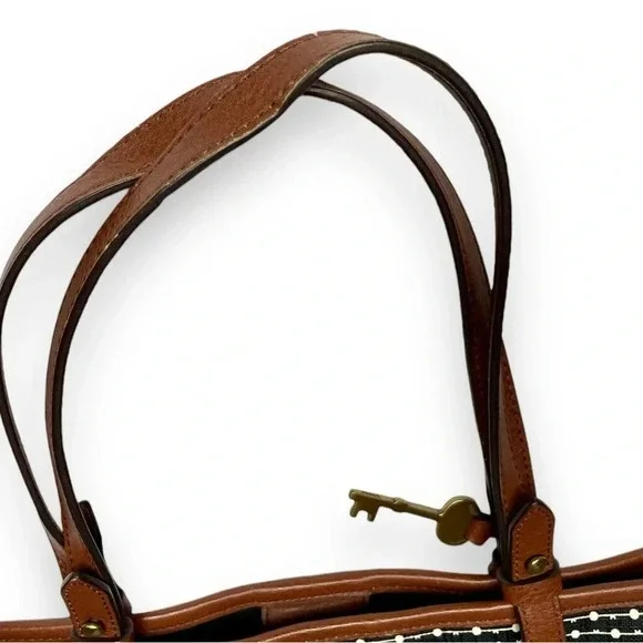 Fossil Rachel Leather Black Striped Tote Bag Purse - Picture 4 of 7